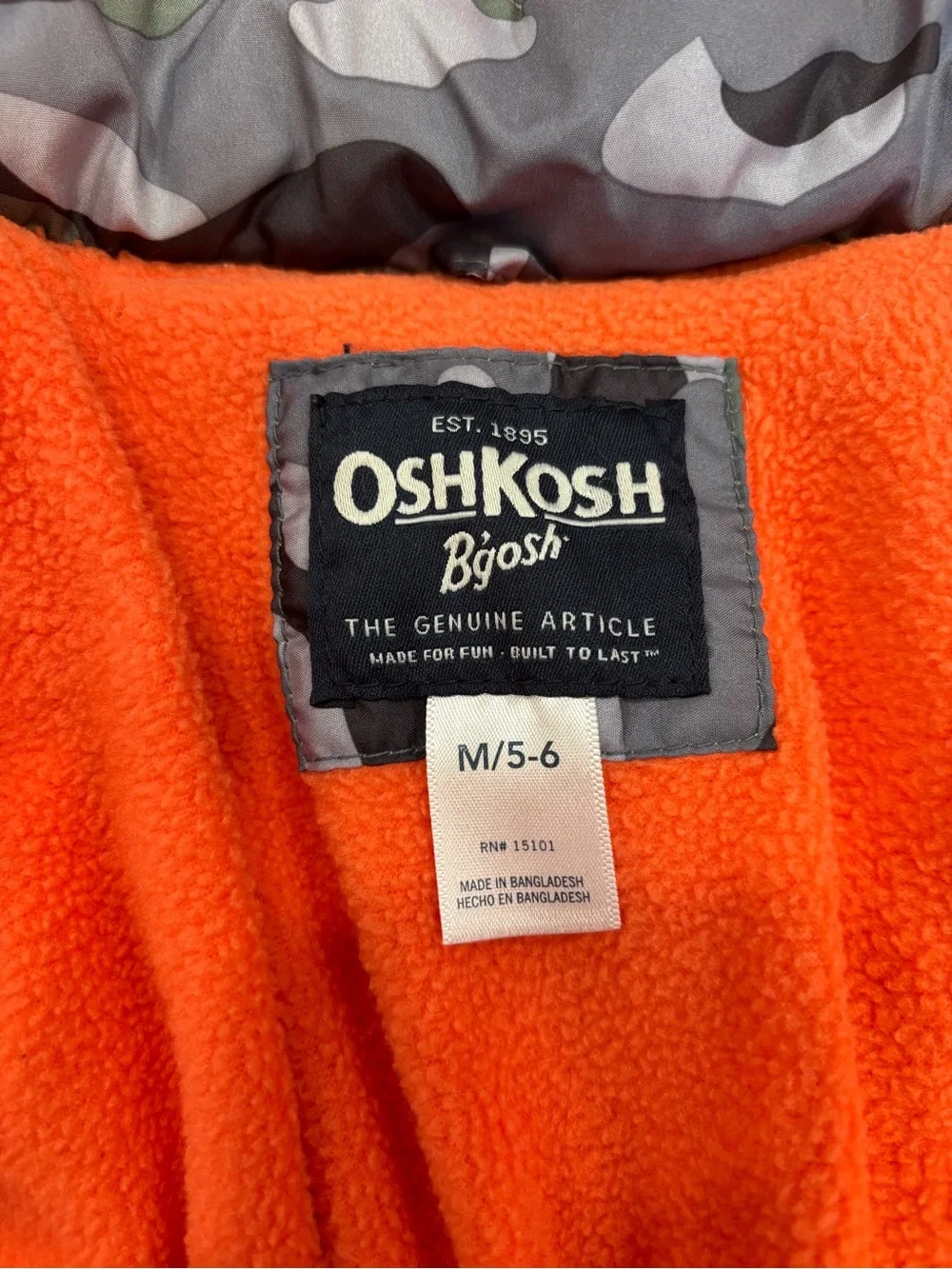 OshKosh B’gosh Boys Camo Puffer Winter Coat Jacket Orange Fleece Lined Size M